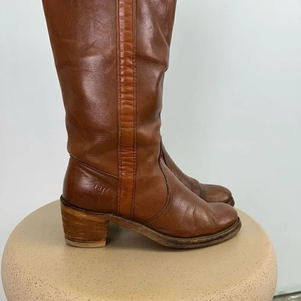 Frye Women’s Vintage 1970s Fold Cuff Knee Block Heel Cognac Leather Boot - Picture 2 of 14